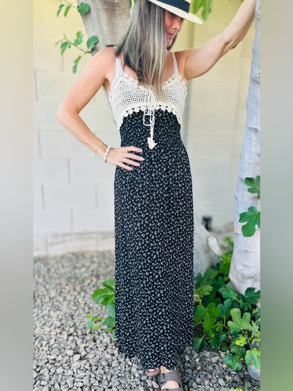 NWT Crochet-Bodice Black Floral Maxi Dress